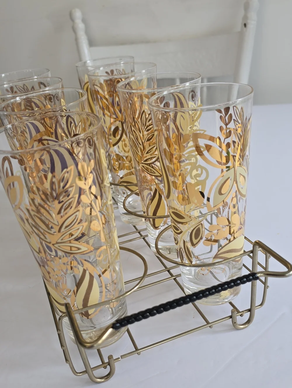 Vintage MCM Set Of 8 Gold Butterfly Leaf Botanical Tumblers With Carrier 12 Oz
